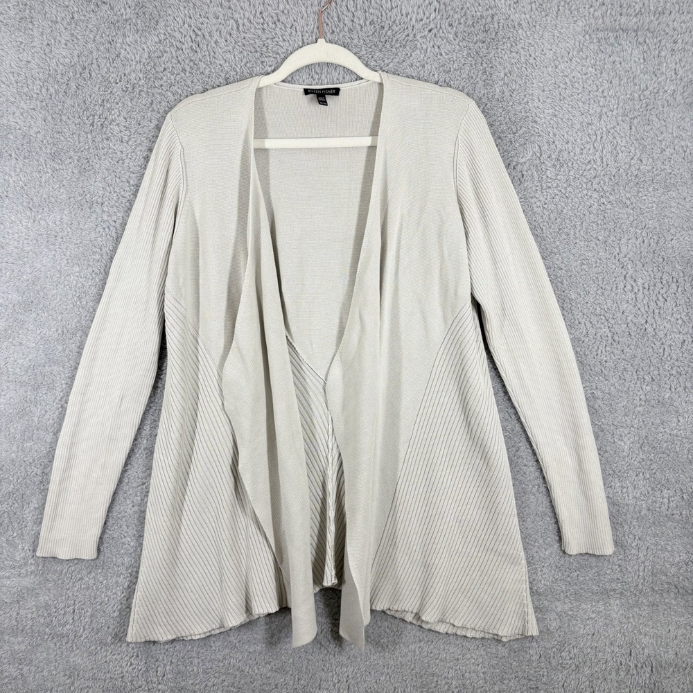 Eileen Fisher‎ Silk Cotton Ribbed Open Front Drape Cardigan Size XL Off White